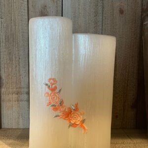 Decoratieve Kaars Dubbel Beschilderd met Wit/Oranje Rozen