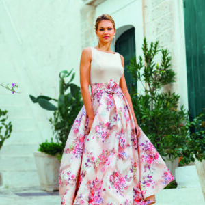 Beige/lichtroze midi-jurk met bloemenrok (maat 40)