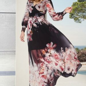 Zwarte maxi jurk met bloemenprint (maten 44, 48 en 52)