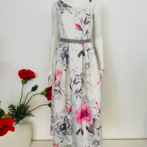 Elegante bloemen maxi-jurk in grijs en roze met V-hals (maat 46)