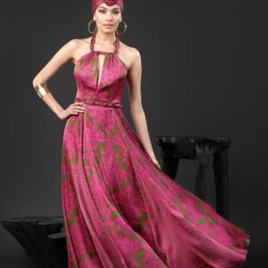 Lange halterjurk met fuchsia barokprint en dierenprint (maat 38)